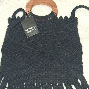 Danielle Nicole Black Knit Bag with Wooden Handles